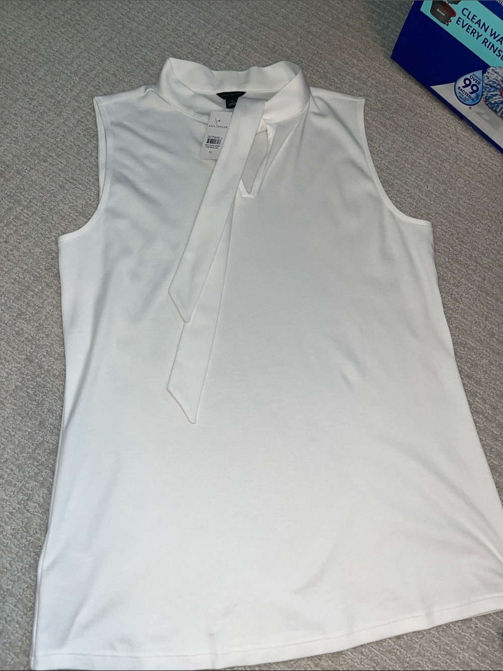 Ann Taylor White Sleeveless Tie-Neck Shell